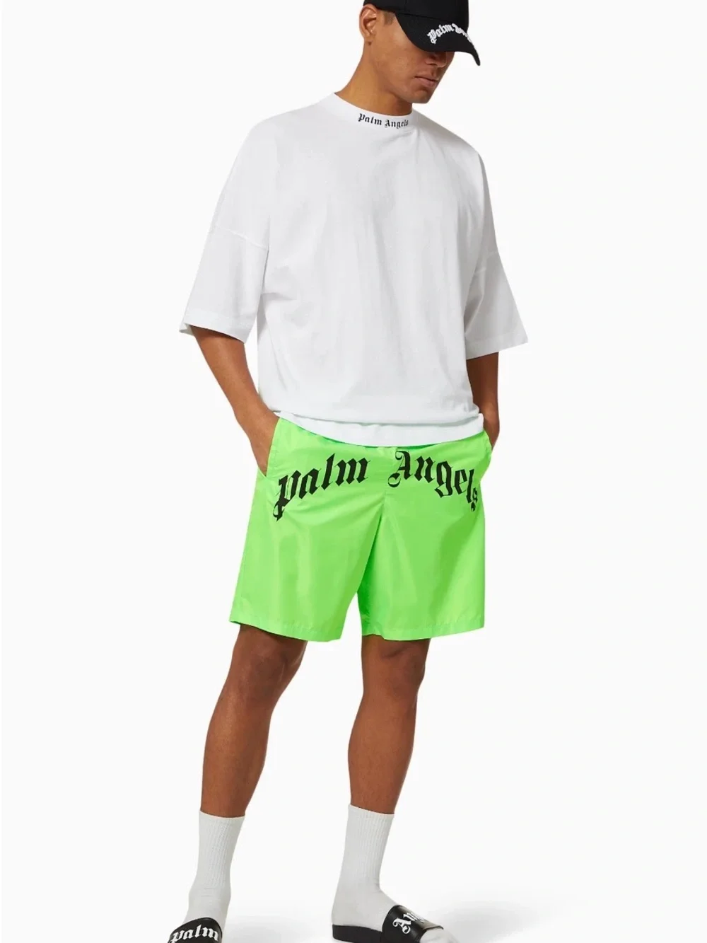 Palm Angels Neon Green Logo Swim Trunks All Sizes Available 100% Authentic